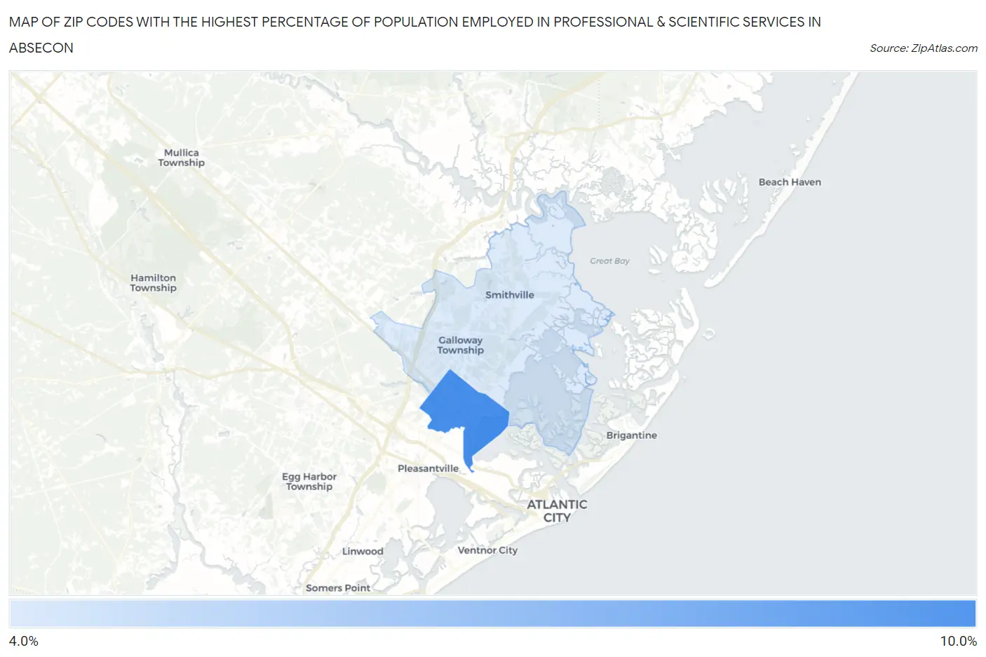 Zip Codes with the Highest Percentage of Population Employed in Professional & Scientific Services in Absecon Map