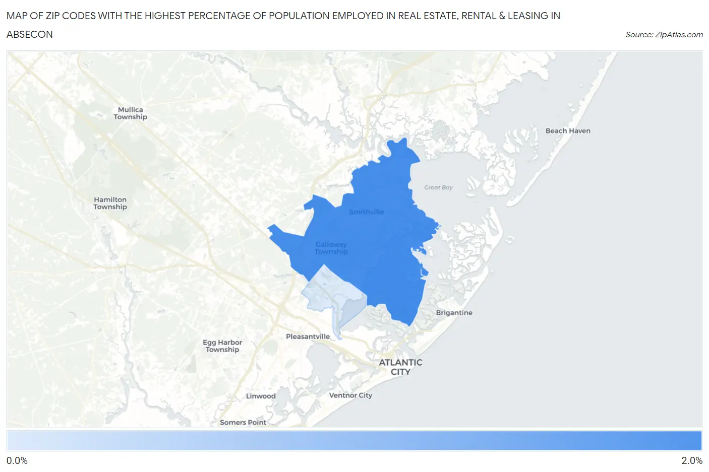 Zip Codes with the Highest Percentage of Population Employed in Real Estate, Rental & Leasing in Absecon Map