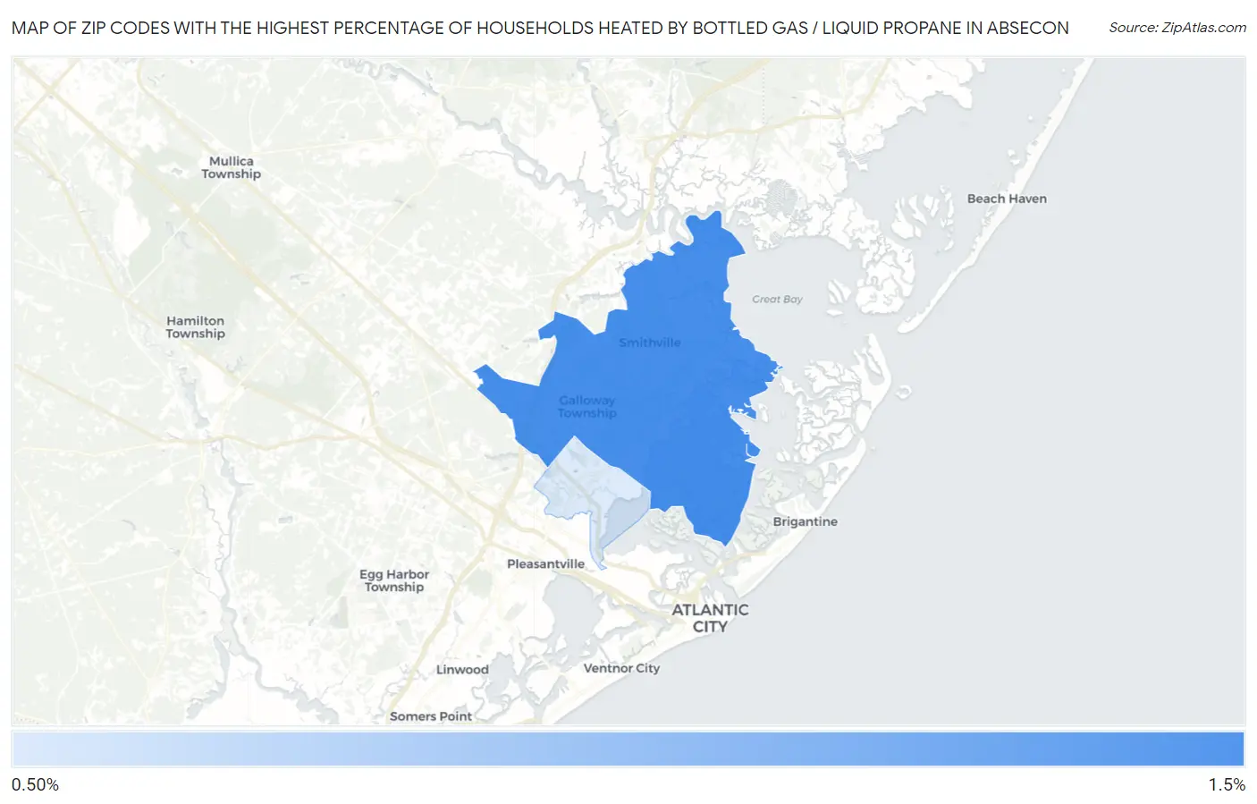 Zip Codes with the Highest Percentage of Households Heated by Bottled Gas / Liquid Propane in Absecon Map