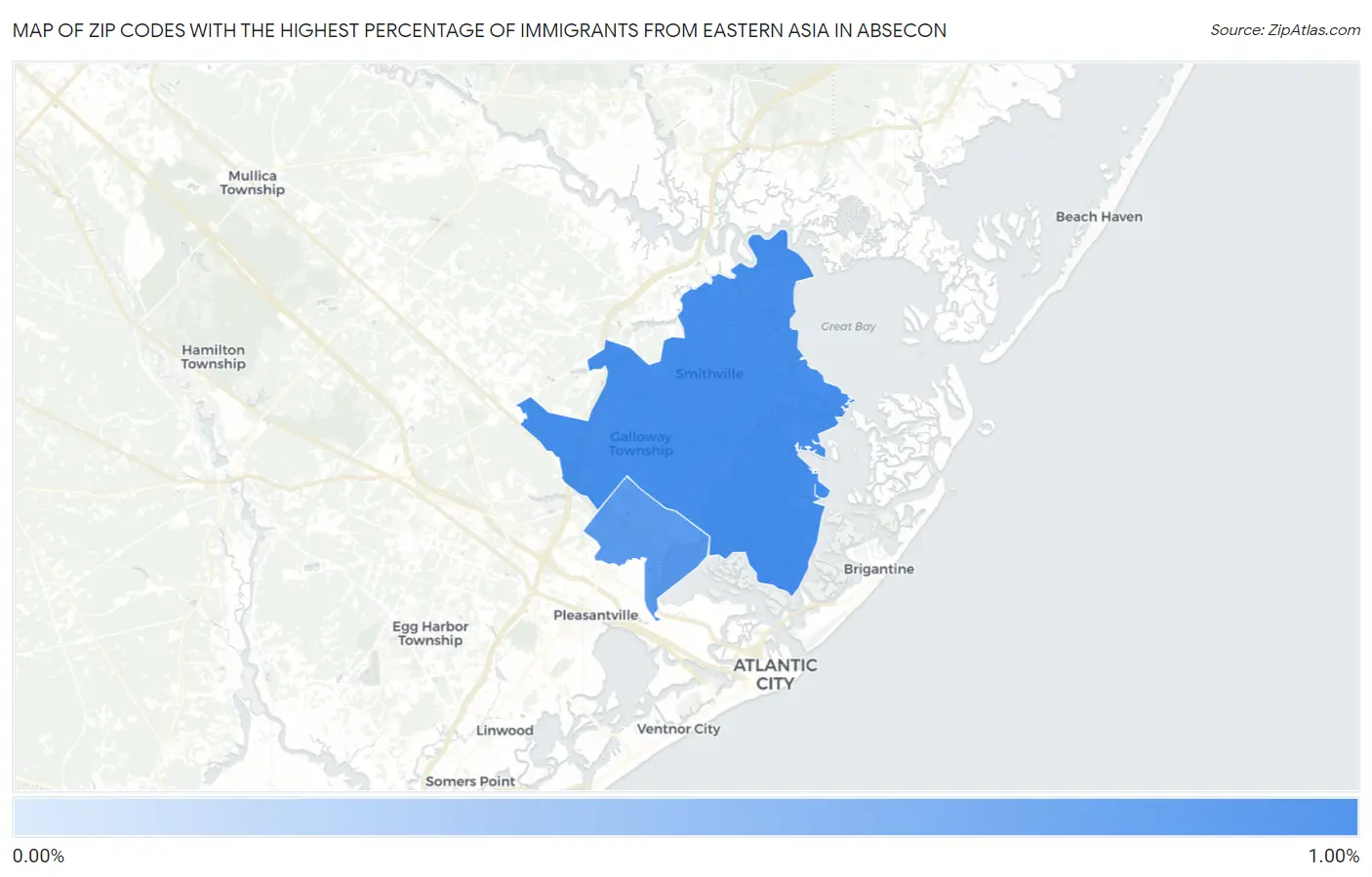 Zip Codes with the Highest Percentage of Immigrants from Eastern Asia in Absecon Map