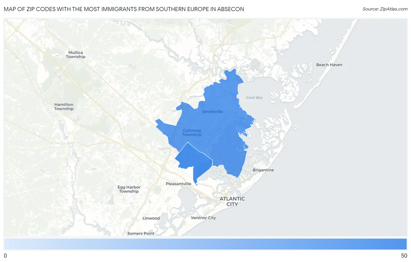Zip Codes with the Most Immigrants from Southern Europe in Absecon Map