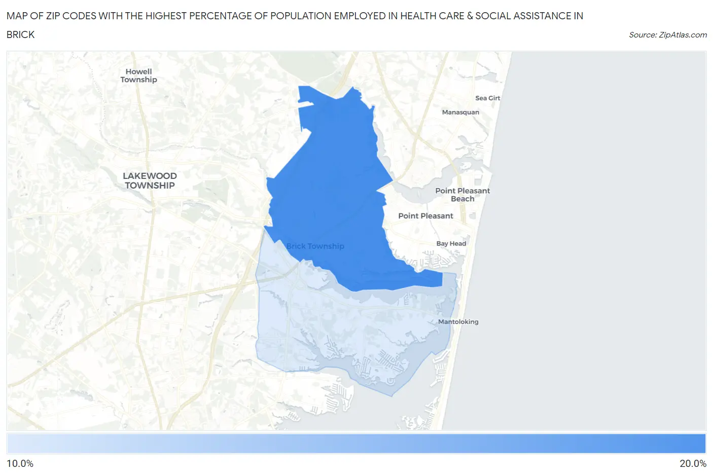 Zip Codes with the Highest Percentage of Population Employed in Health Care & Social Assistance in Brick Map