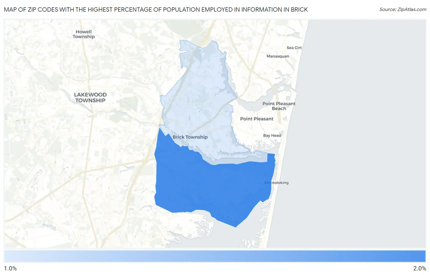 Zip Codes with the Highest Percentage of Population Employed in Information in Brick Map