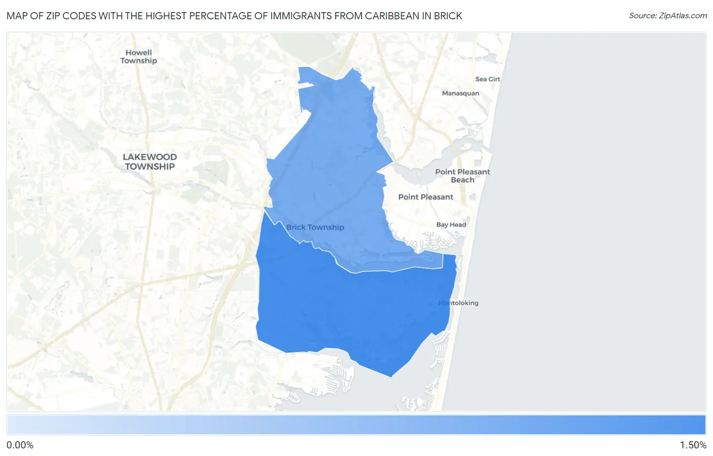 Zip Codes with the Highest Percentage of Immigrants from Caribbean in Brick Map