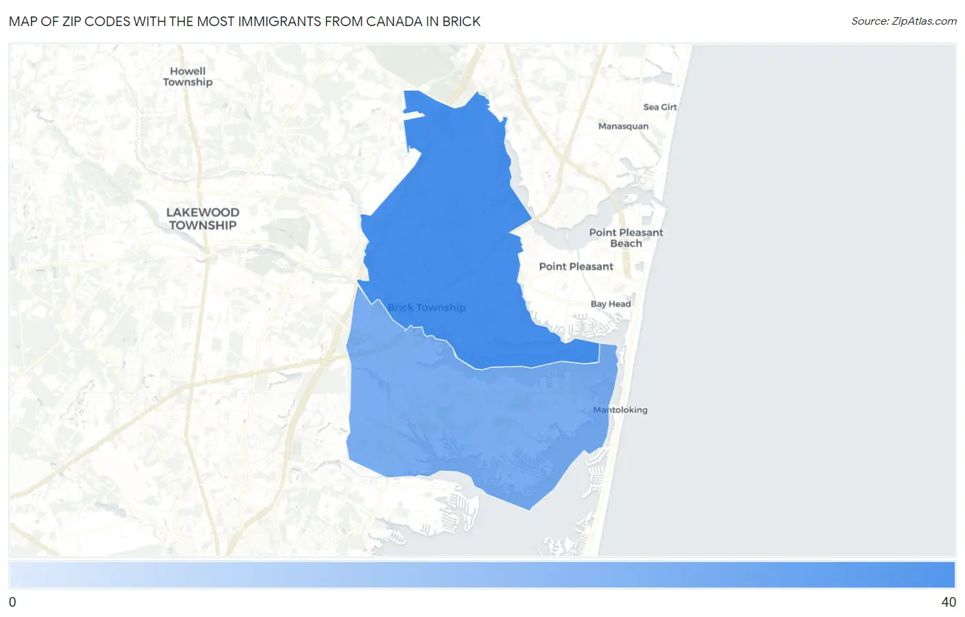 Zip Codes with the Most Immigrants from Canada in Brick Map