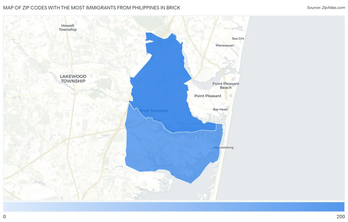 Zip Codes with the Most Immigrants from Philippines in Brick Map