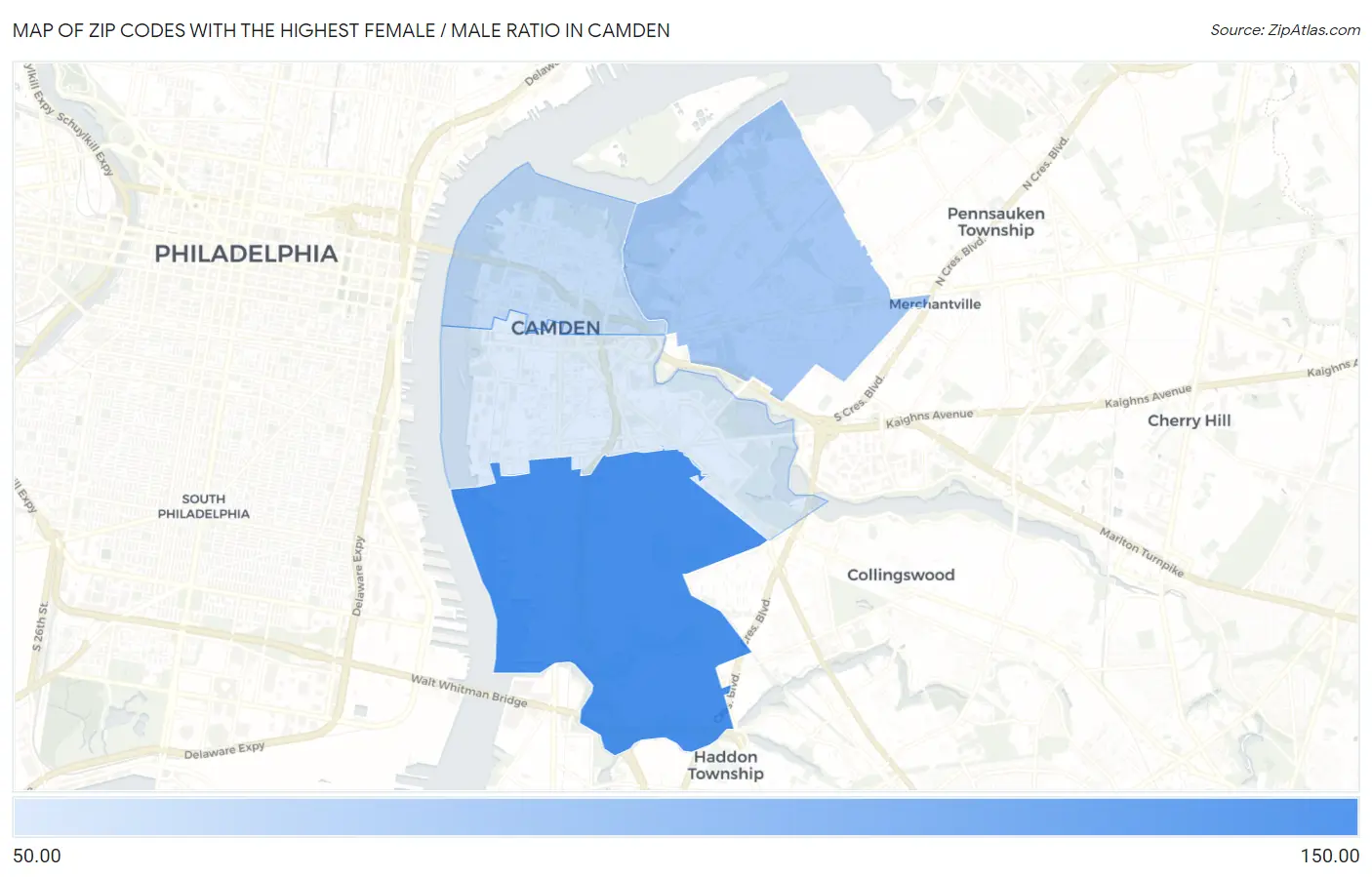 Zip Codes with the Highest Female / Male Ratio in Camden Map