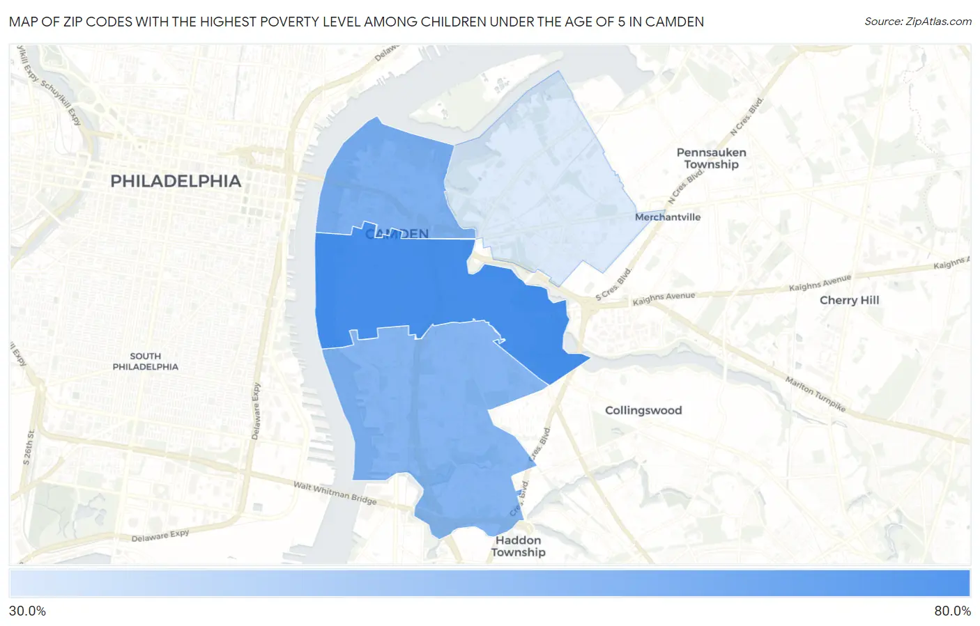 Zip Codes with the Highest Poverty Level Among Children Under the Age of 5 in Camden Map