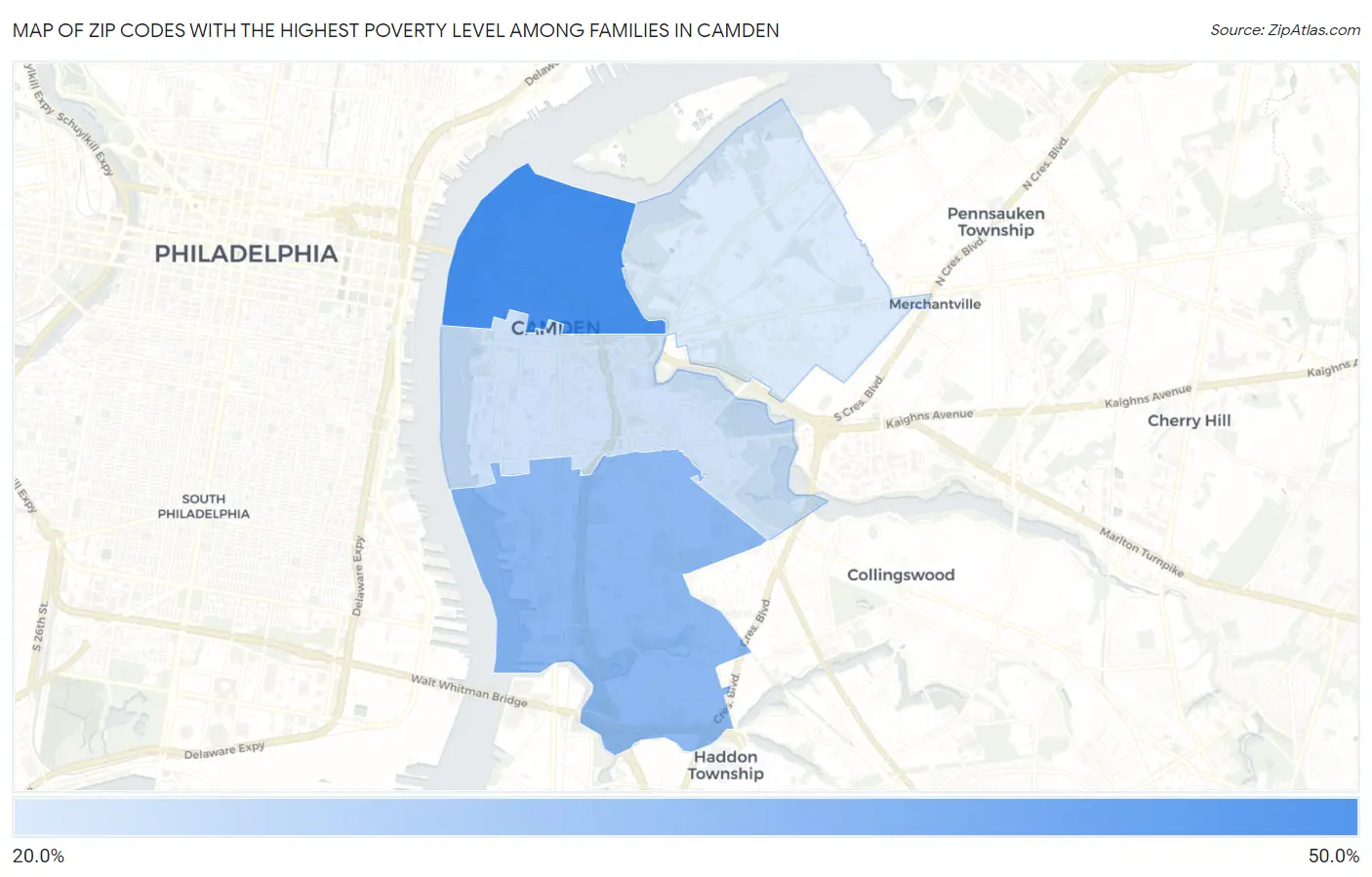 Zip Codes with the Highest Poverty Level Among Families in Camden Map