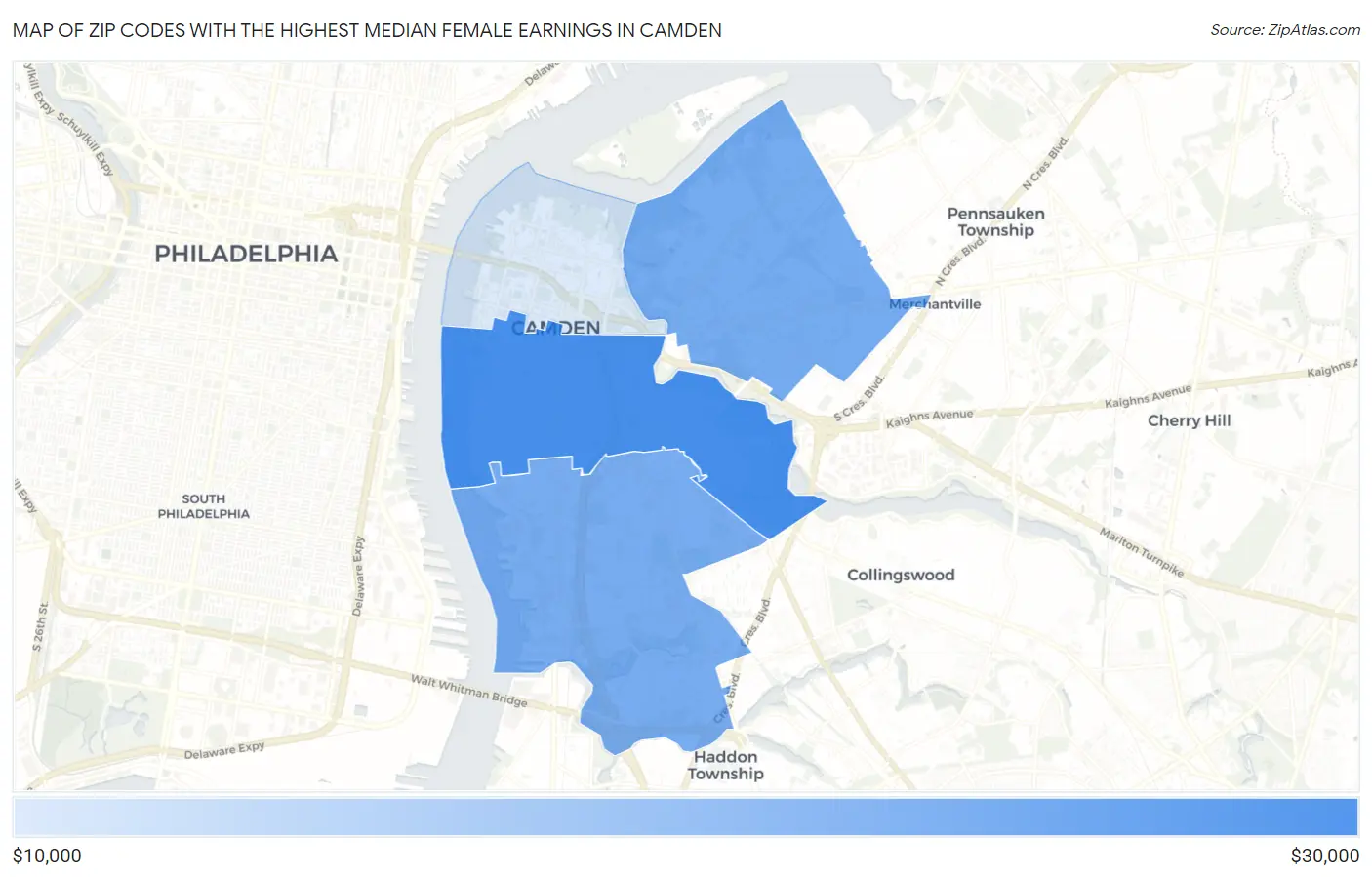 Zip Codes with the Highest Median Female Earnings in Camden Map