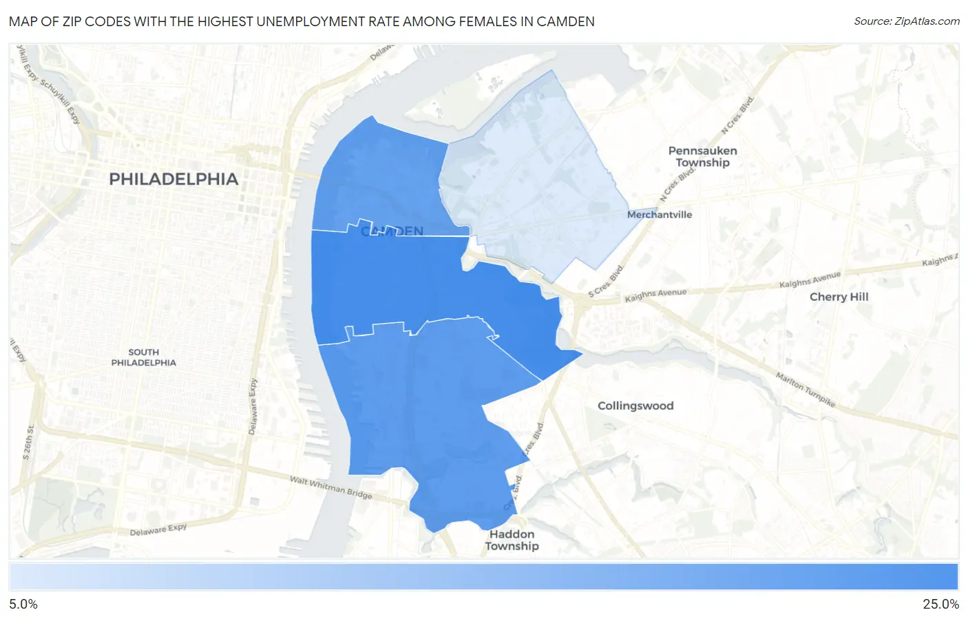 Zip Codes with the Highest Unemployment Rate Among Females in Camden Map