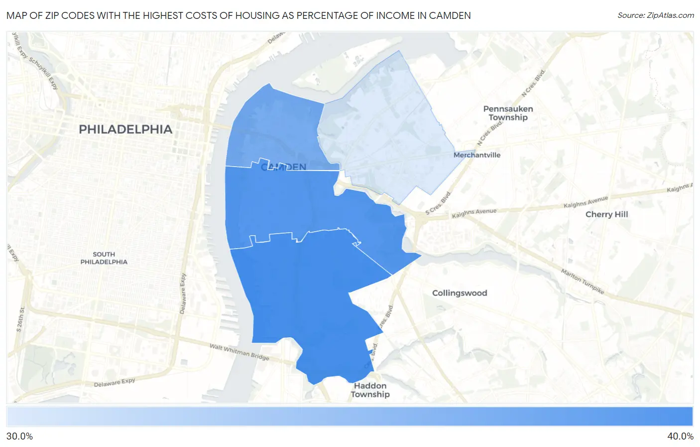 Zip Codes with the Highest Costs of Housing as Percentage of Income in Camden Map