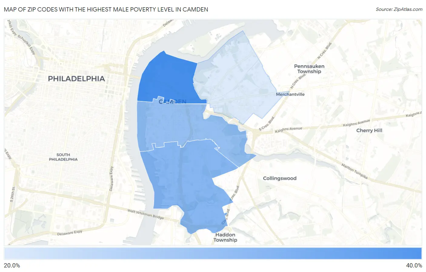 Zip Codes with the Highest Male Poverty Level in Camden Map