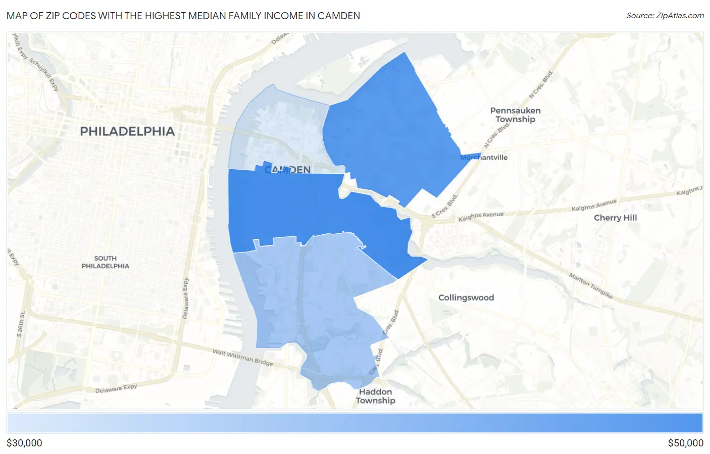 Zip Codes with the Highest Median Family Income in Camden Map