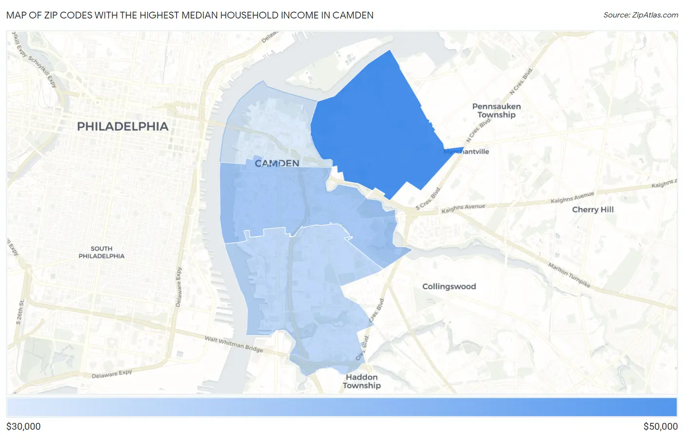 Zip Codes with the Highest Median Household Income in Camden Map