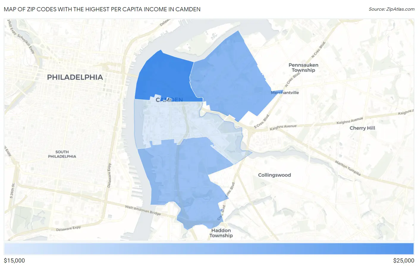 Zip Codes with the Highest Per Capita Income in Camden Map