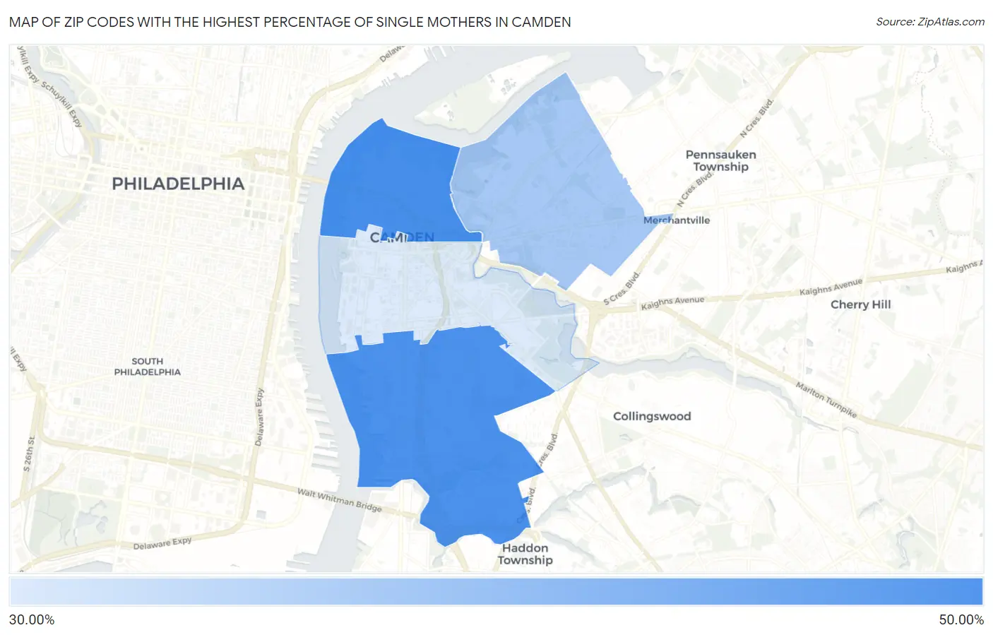 Zip Codes with the Highest Percentage of Single Mothers in Camden Map