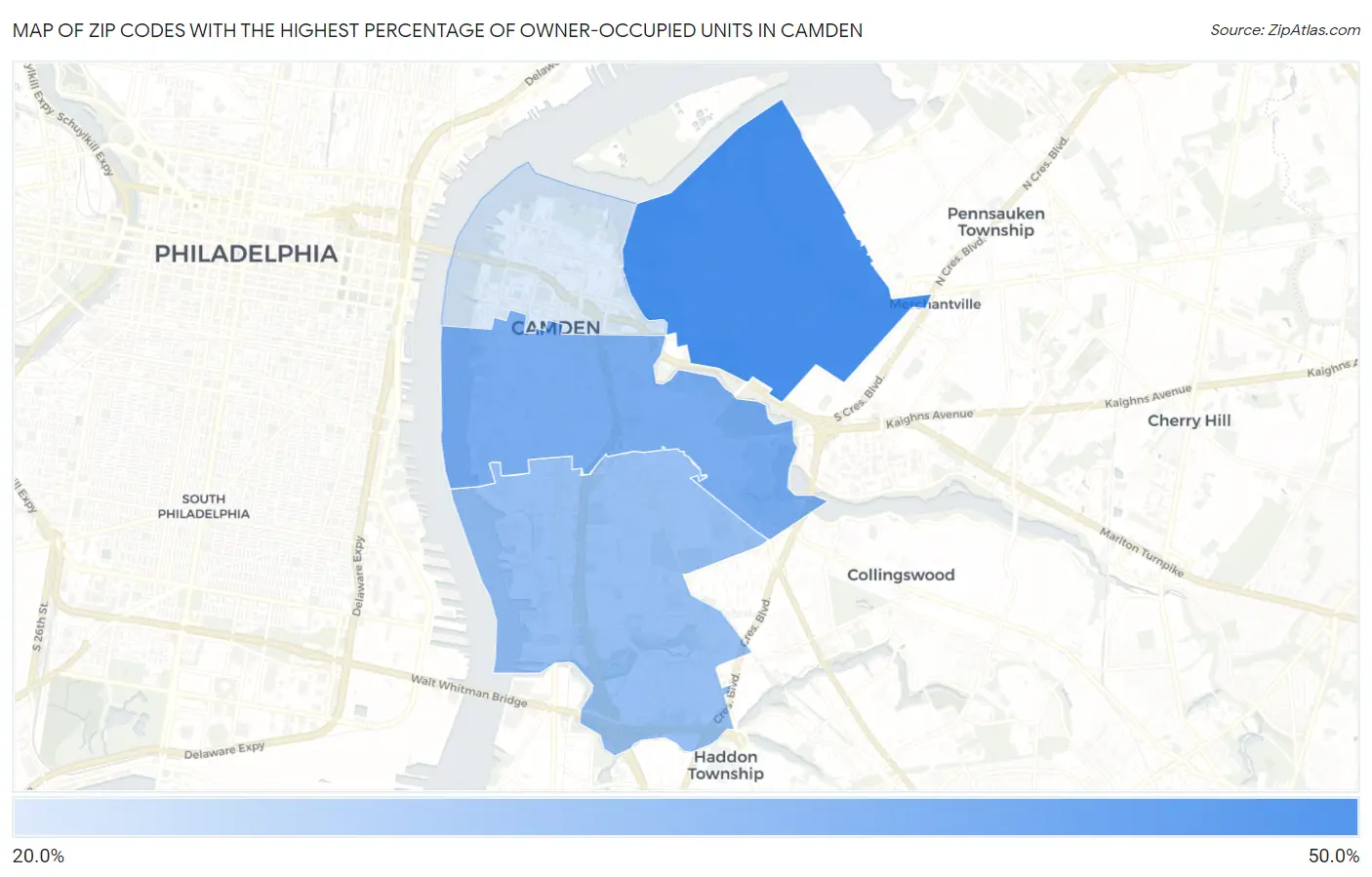 Zip Codes with the Highest Percentage of Owner-Occupied Units in Camden Map