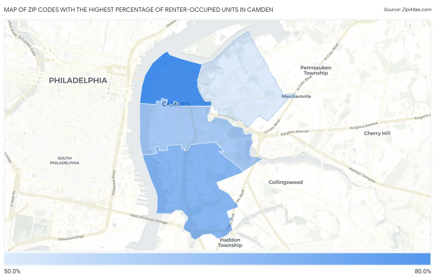 Zip Codes with the Highest Percentage of Renter-Occupied Units in Camden Map
