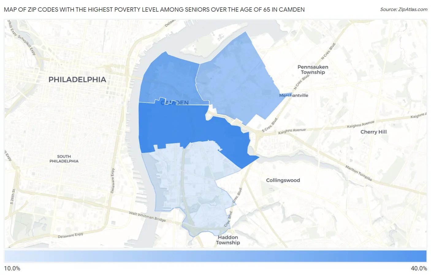 Zip Codes with the Highest Poverty Level Among Seniors Over the Age of 65 in Camden Map