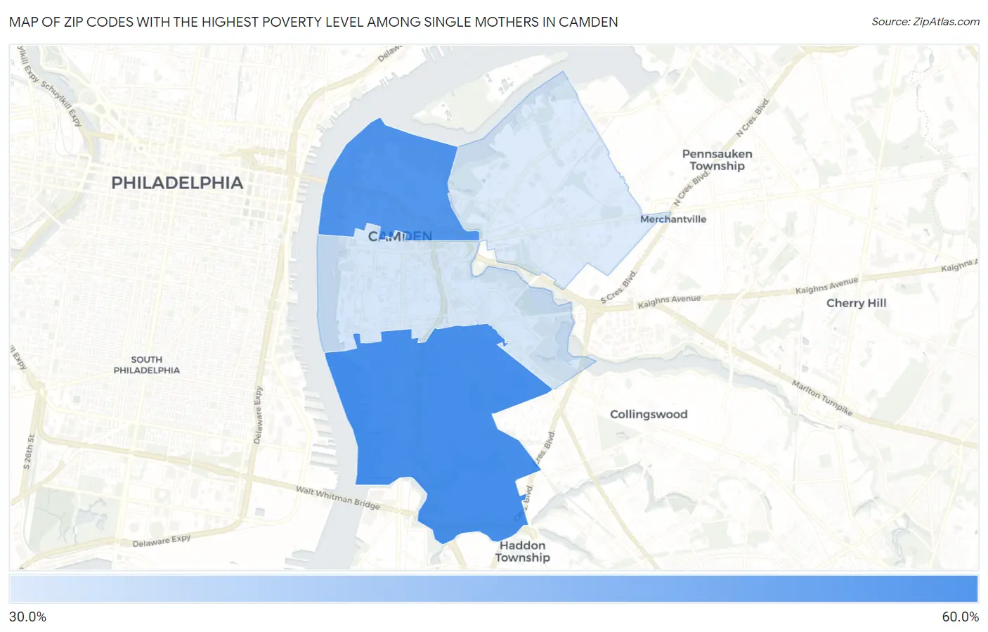 Zip Codes with the Highest Poverty Level Among Single Mothers in Camden Map
