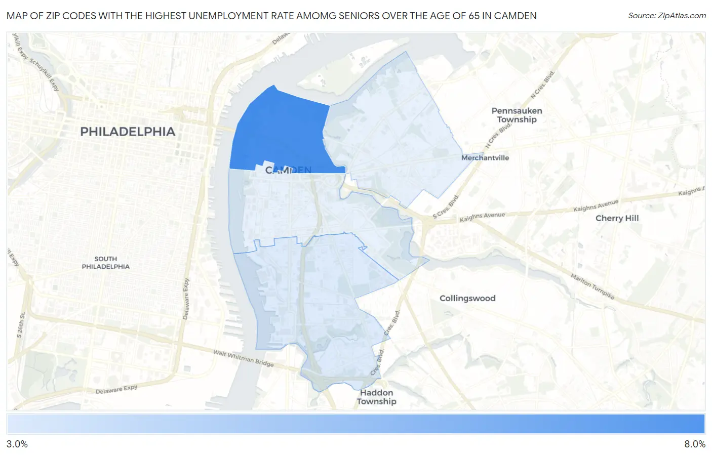 Zip Codes with the Highest Unemployment Rate Amomg Seniors Over the Age of 65 in Camden Map