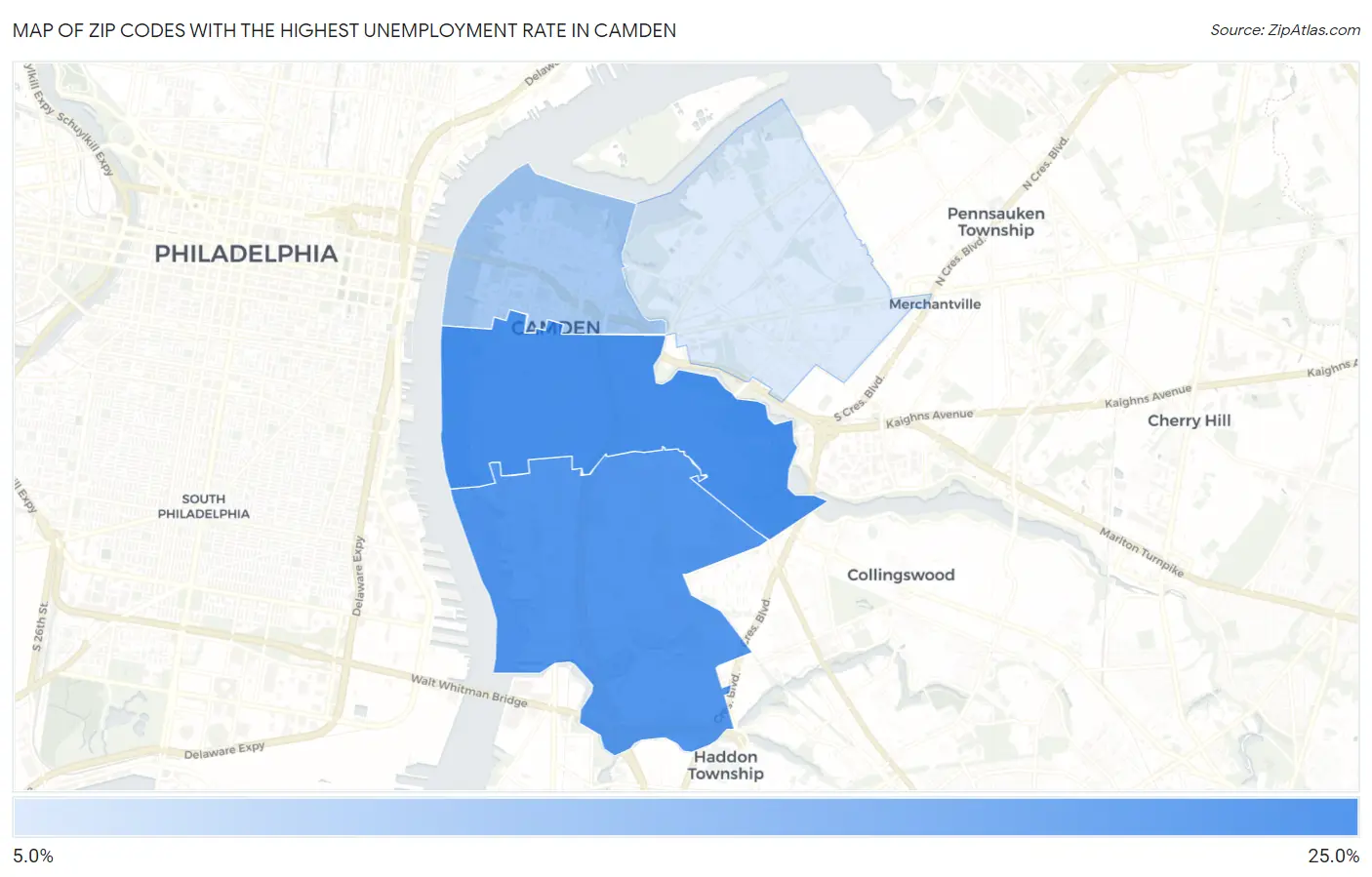 Zip Codes with the Highest Unemployment Rate in Camden Map