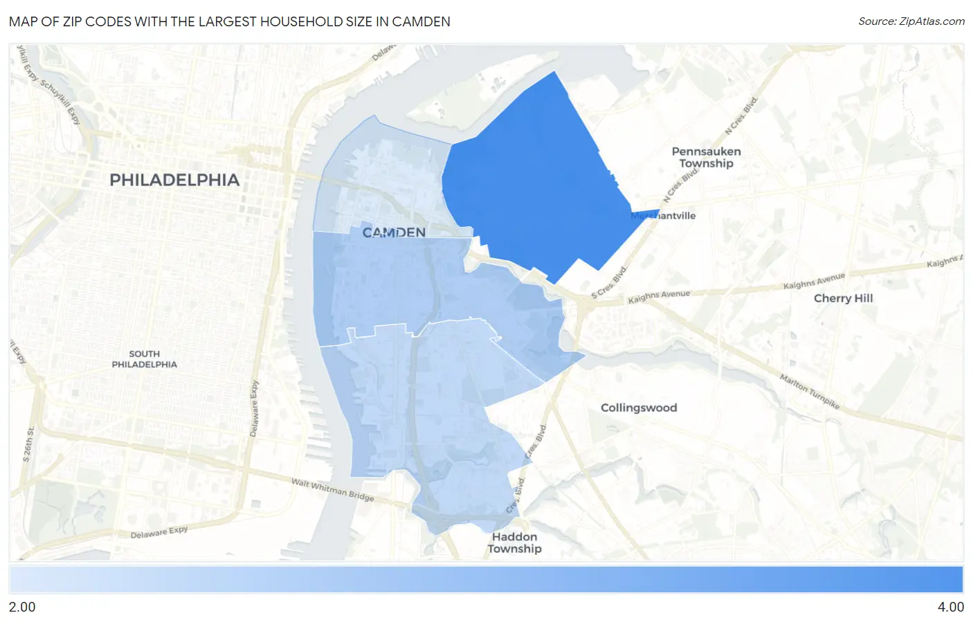 Zip Codes with the Largest Household Size in Camden Map