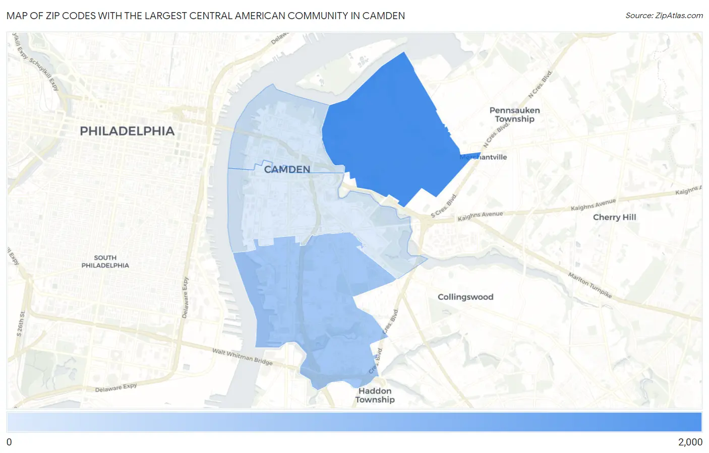 Zip Codes with the Largest Central American Community in Camden Map