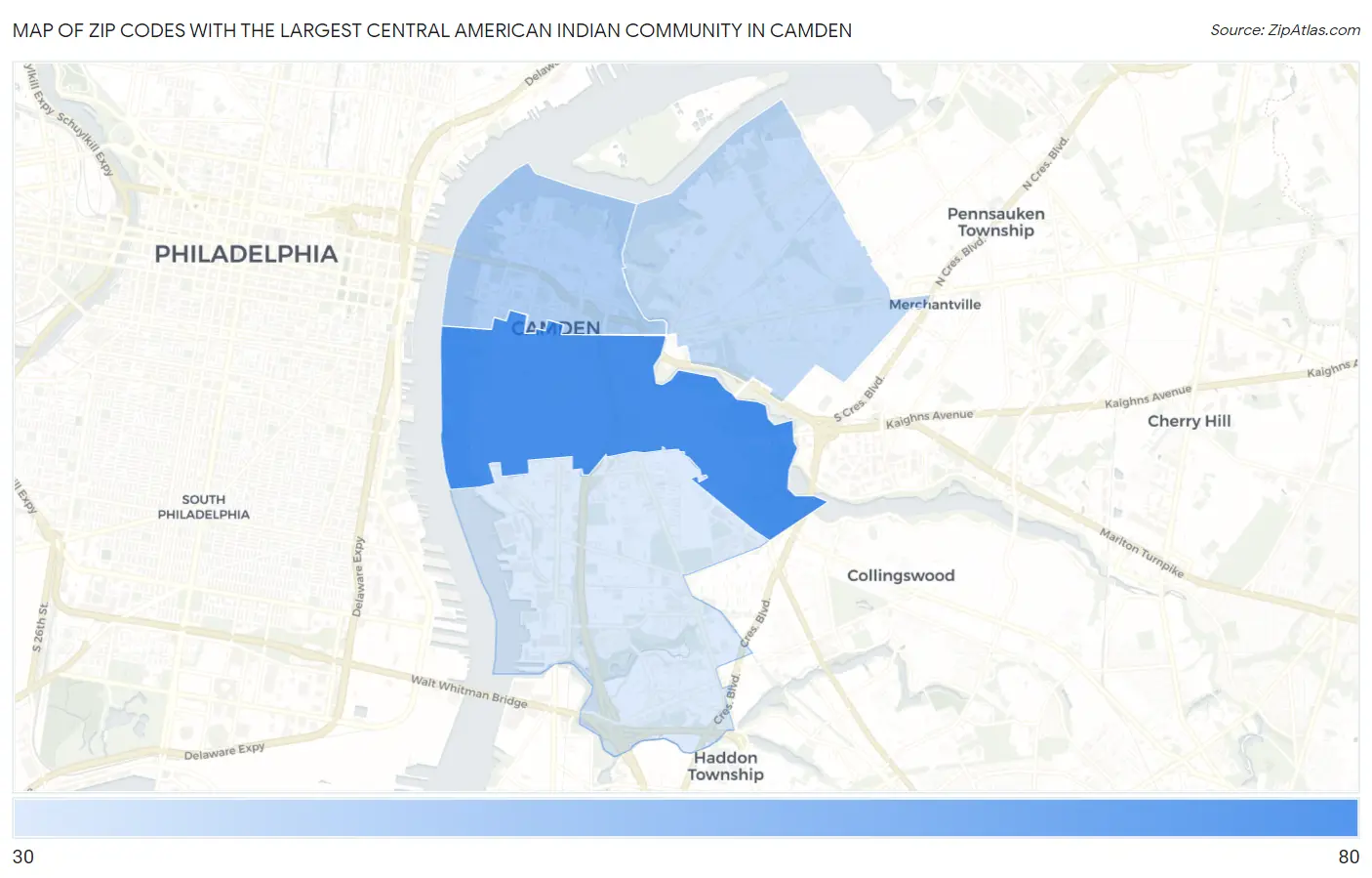 Zip Codes with the Largest Central American Indian Community in Camden Map