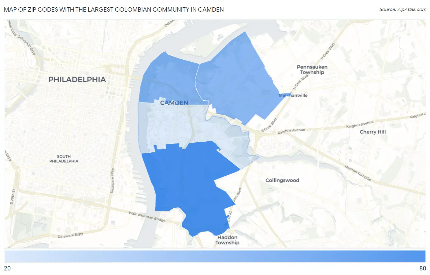 Zip Codes with the Largest Colombian Community in Camden Map