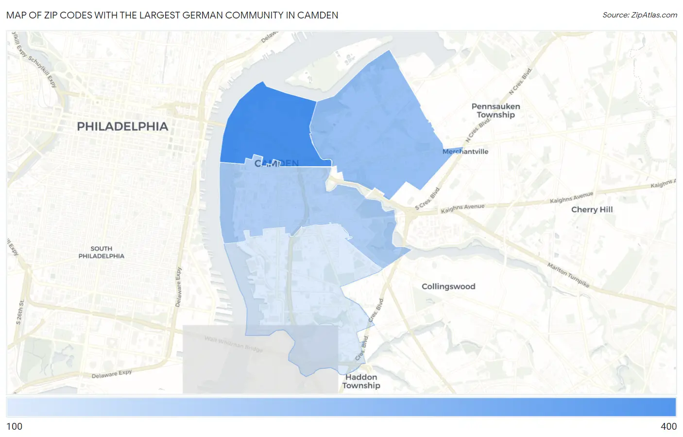 Zip Codes with the Largest German Community in Camden Map