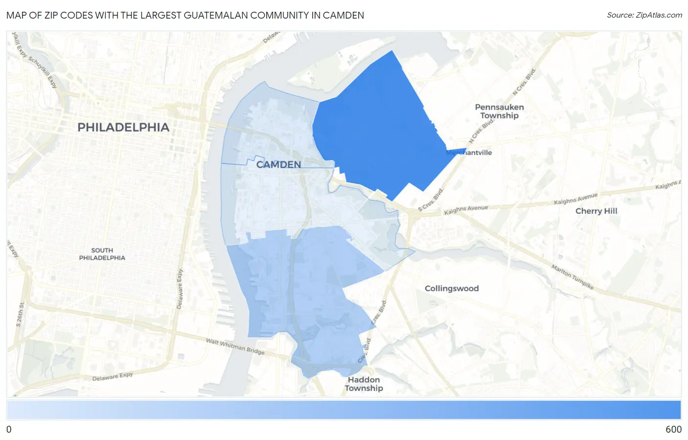 Zip Codes with the Largest Guatemalan Community in Camden Map