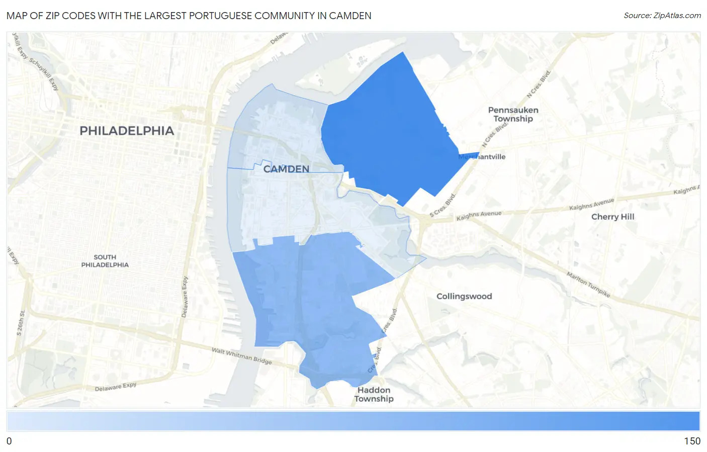 Zip Codes with the Largest Portuguese Community in Camden Map