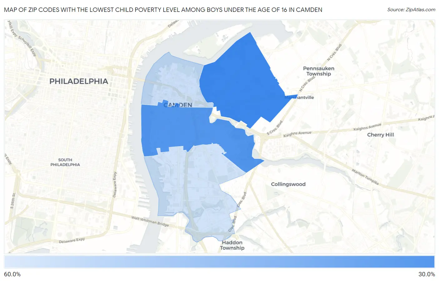 Zip Codes with the Lowest Child Poverty Level Among Boys Under the Age of 16 in Camden Map