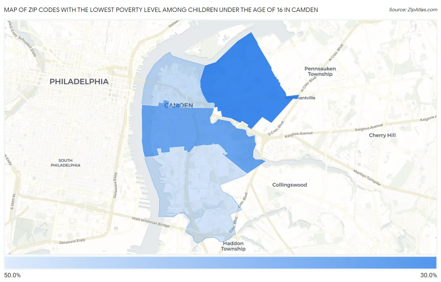 Zip Codes with the Lowest Poverty Level Among Children Under the Age of 16 in Camden Map