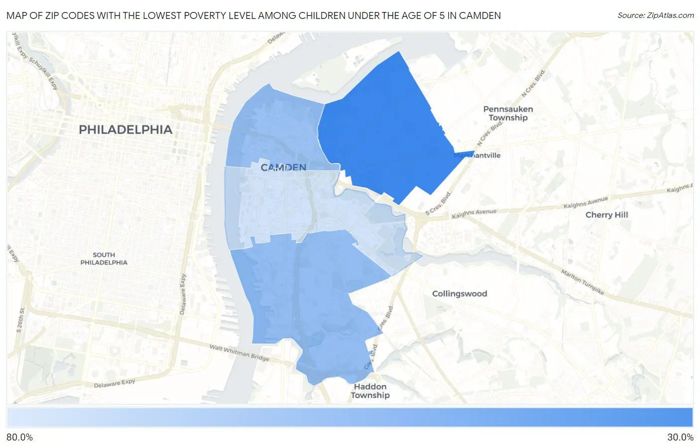 Zip Codes with the Lowest Poverty Level Among Children Under the Age of 5 in Camden Map
