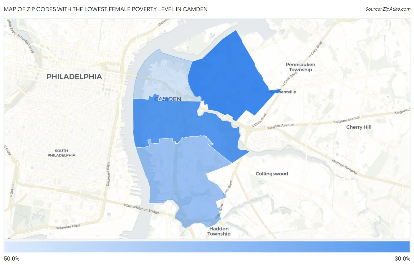 Zip Codes with the Lowest Female Poverty Level in Camden Map
