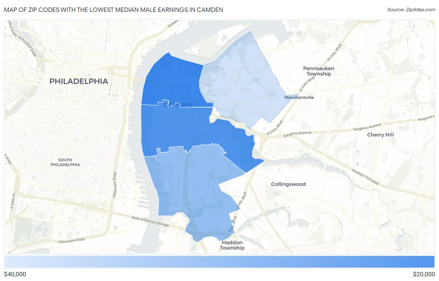 Zip Codes with the Lowest Median Male Earnings in Camden Map