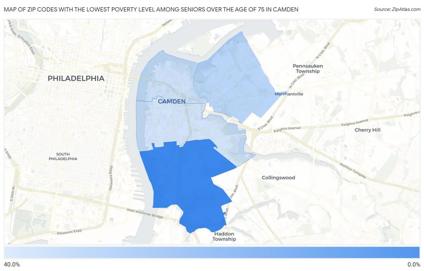 Zip Codes with the Lowest Poverty Level Among Seniors Over the Age of 75 in Camden Map