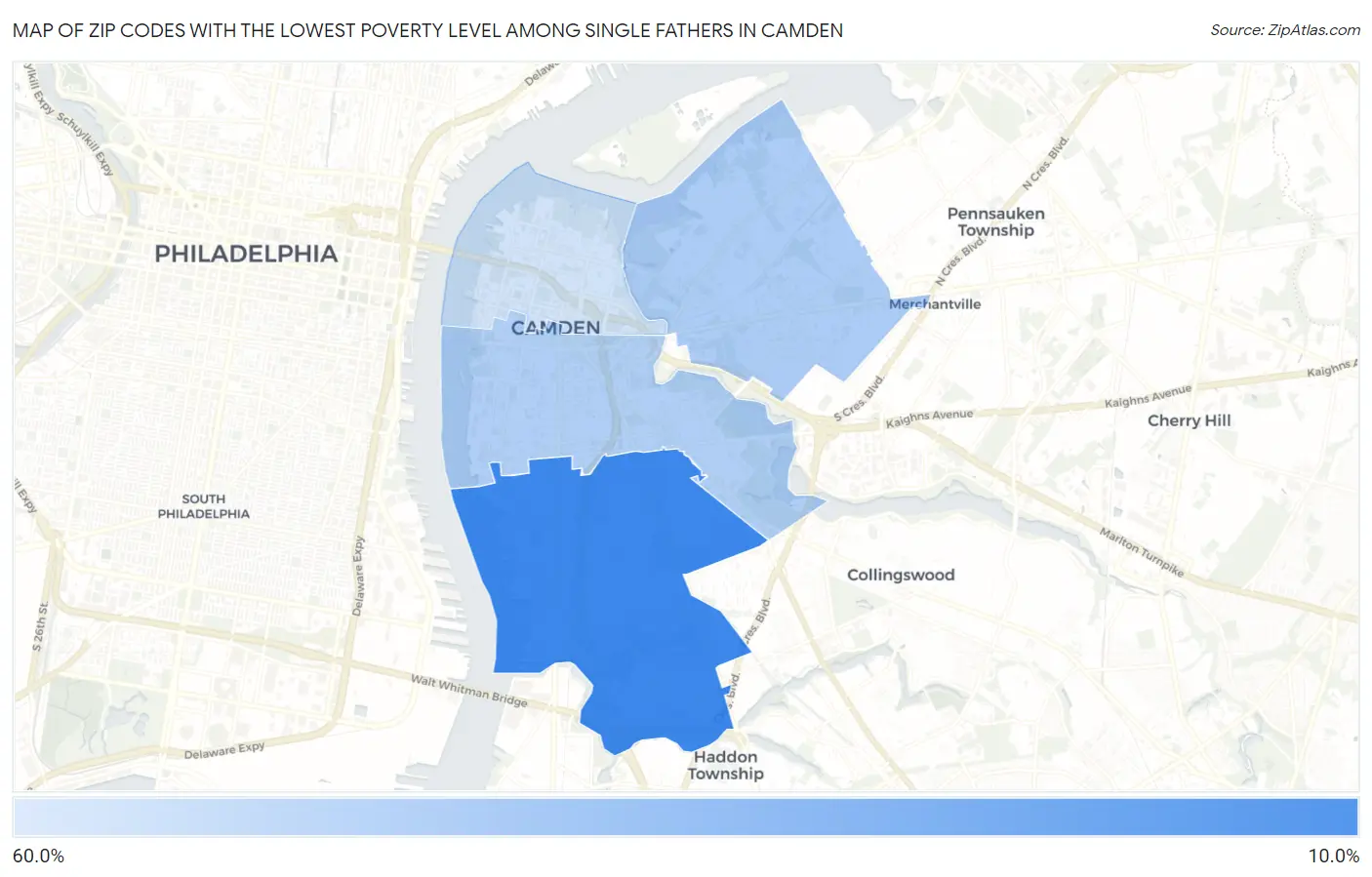 Zip Codes with the Lowest Poverty Level Among Single Fathers in Camden Map