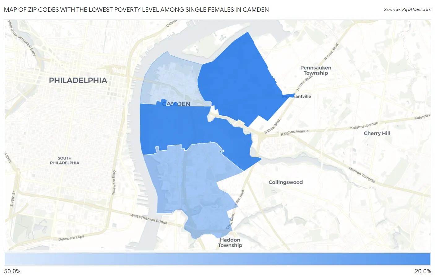 Zip Codes with the Lowest Poverty Level Among Single Females in Camden Map