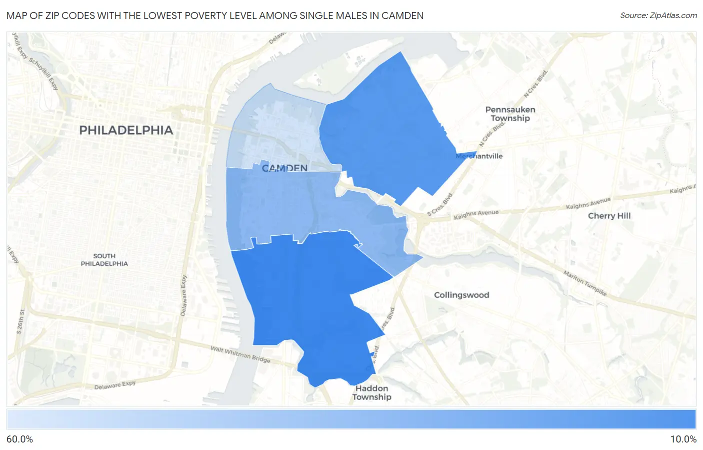Zip Codes with the Lowest Poverty Level Among Single Males in Camden Map