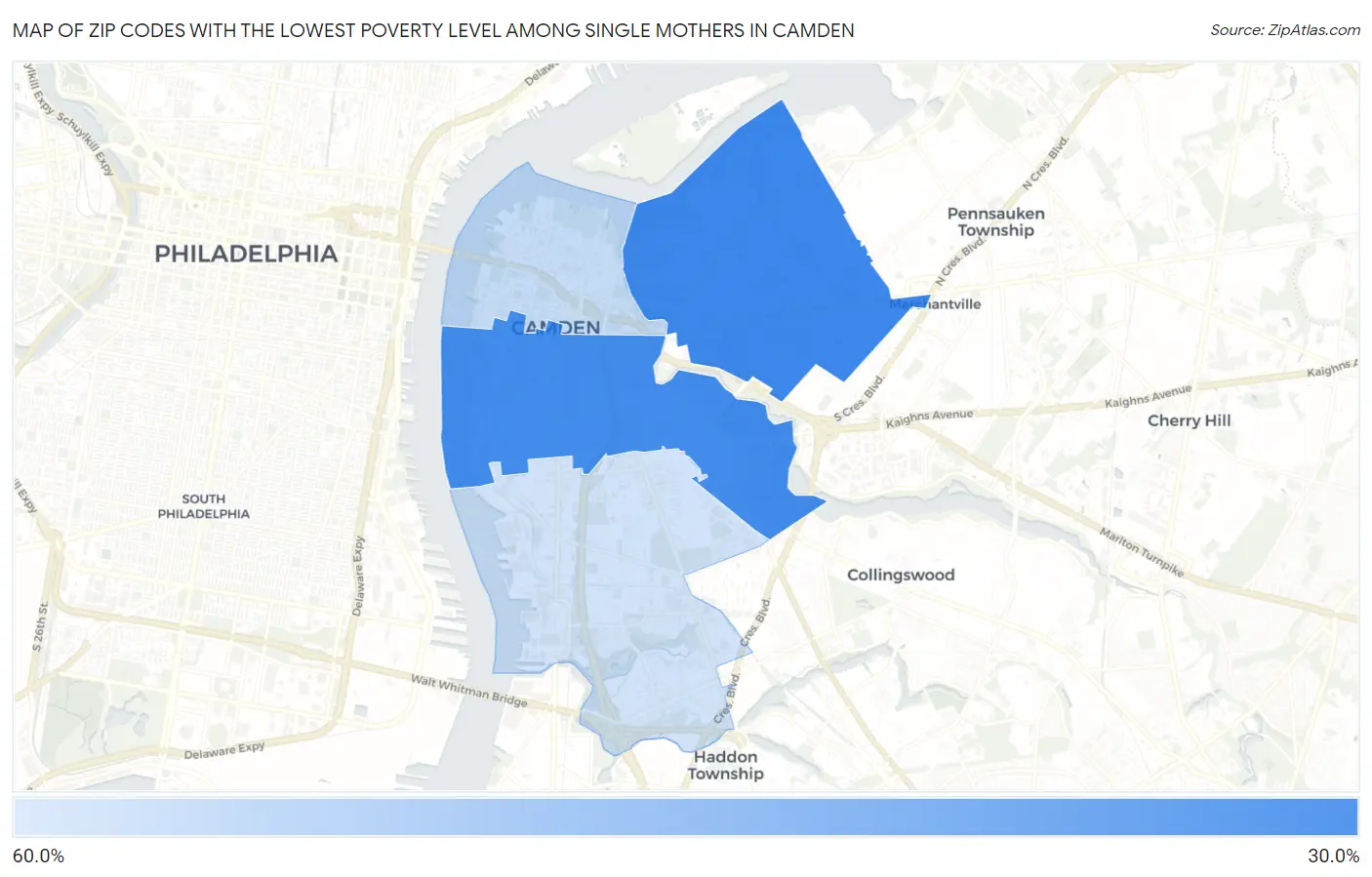 Zip Codes with the Lowest Poverty Level Among Single Mothers in Camden Map