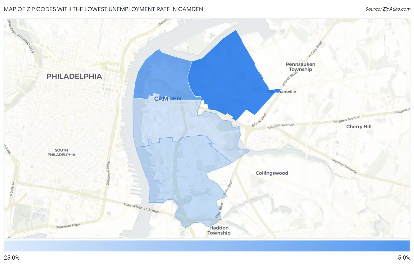 Zip Codes with the Lowest Unemployment Rate in Camden Map