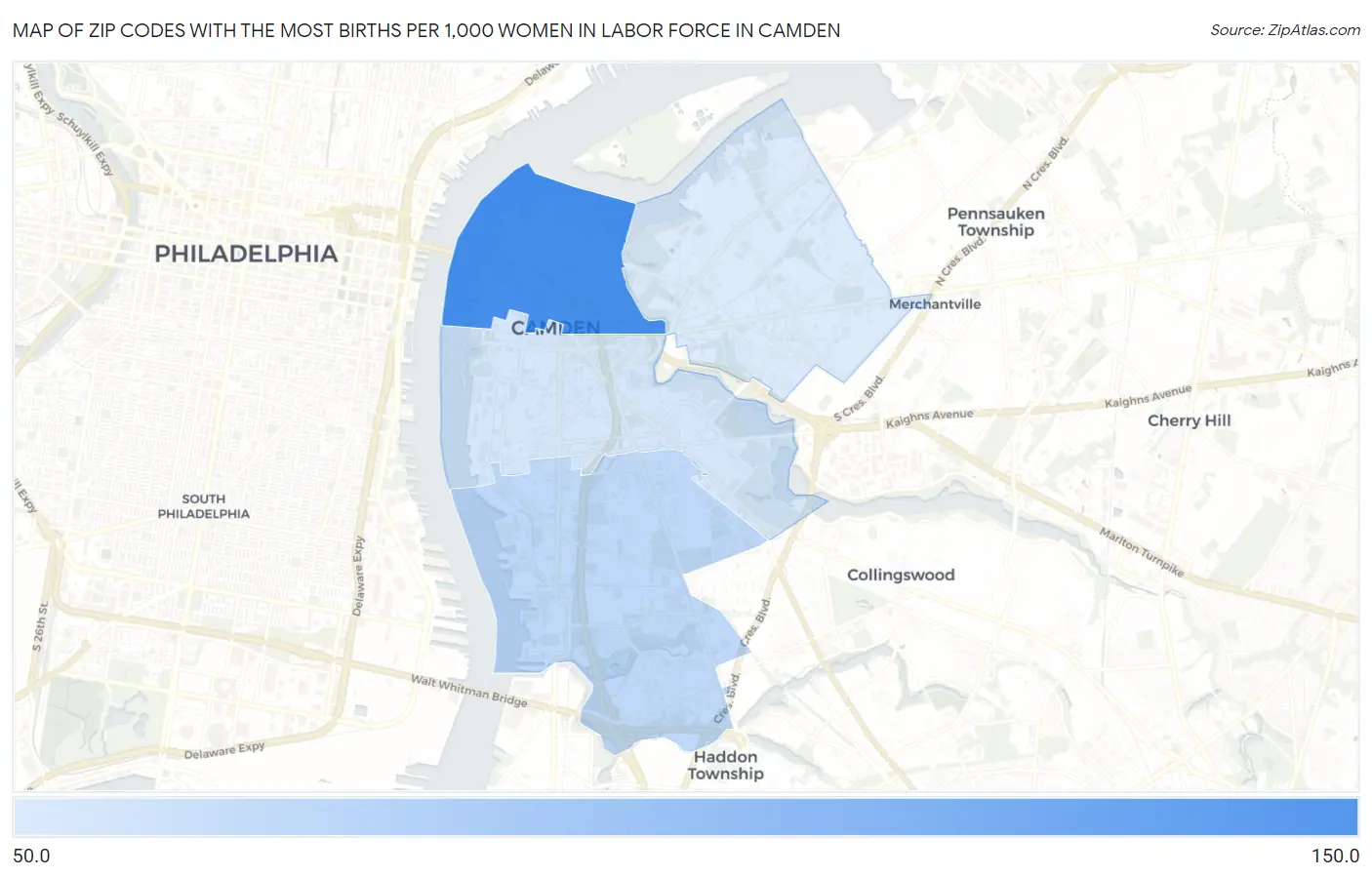 Zip Codes with the Most Births per 1,000 Women in Labor Force in Camden Map