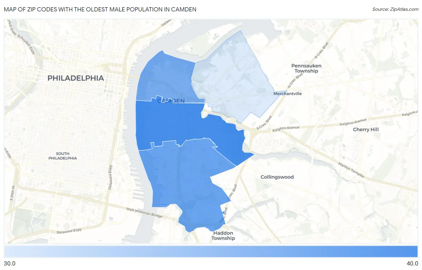 Zip Codes with the Oldest Male Population in Camden Map