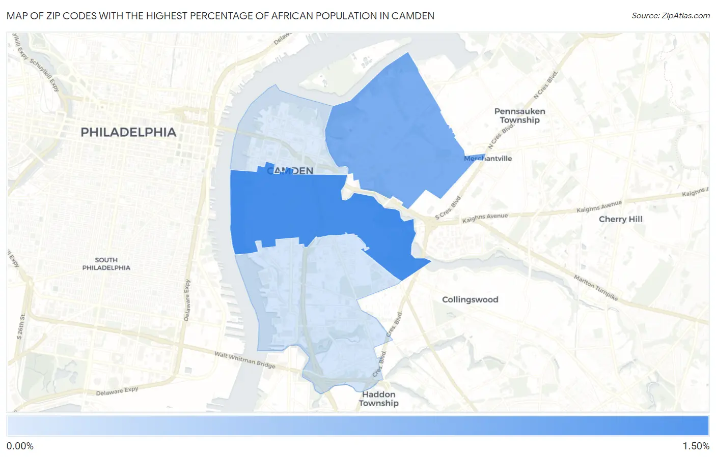 Zip Codes with the Highest Percentage of African Population in Camden Map