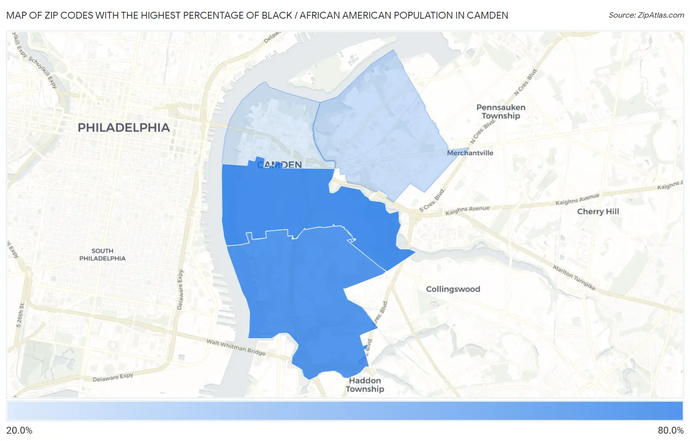 Zip Codes with the Highest Percentage of Black / African American Population in Camden Map