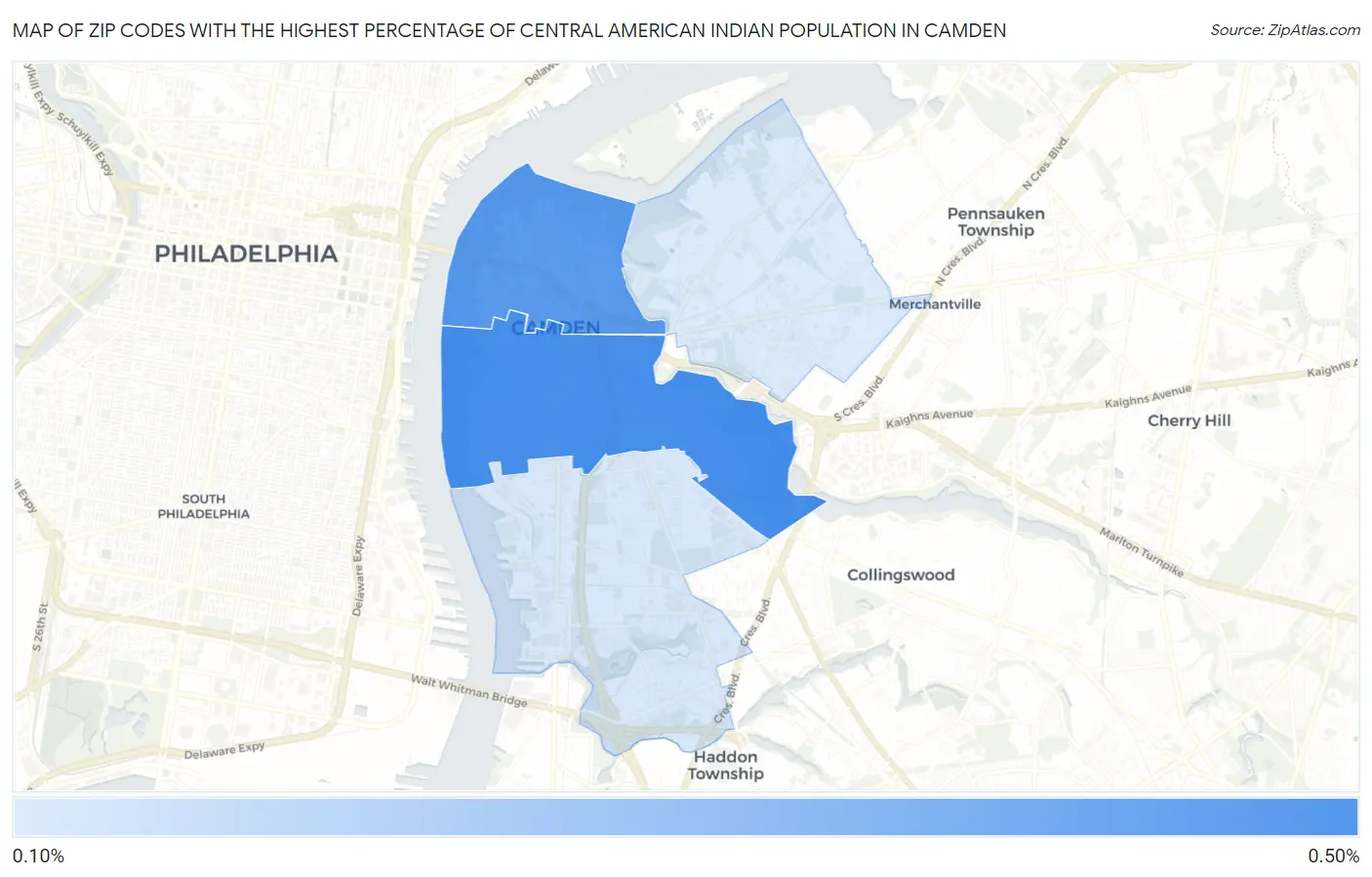 Zip Codes with the Highest Percentage of Central American Indian Population in Camden Map